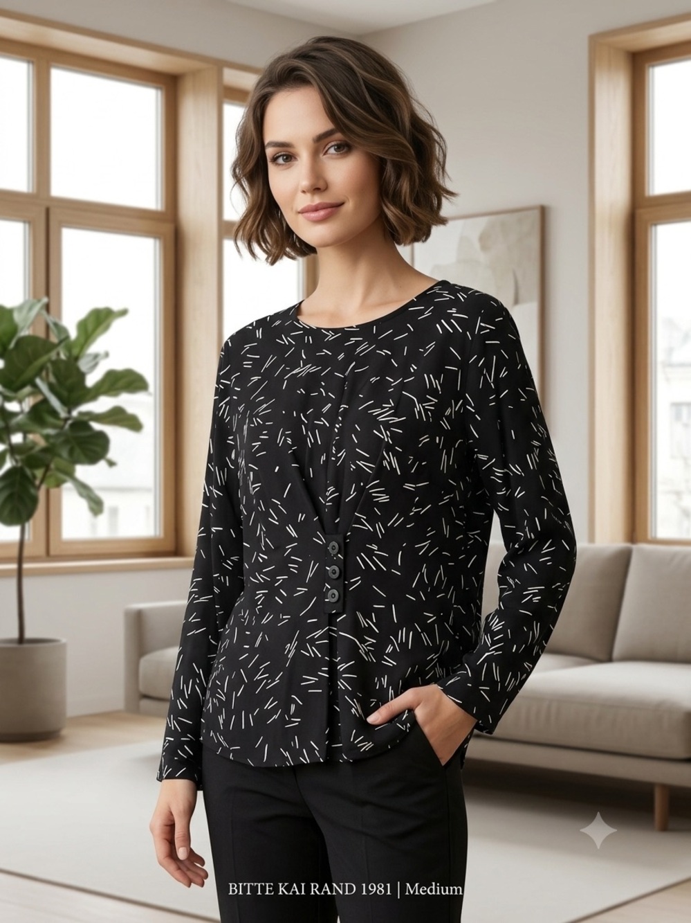 Bitte Kai Rand Size M Black Abstract Dash Print Top 100% Viscose Danish Design